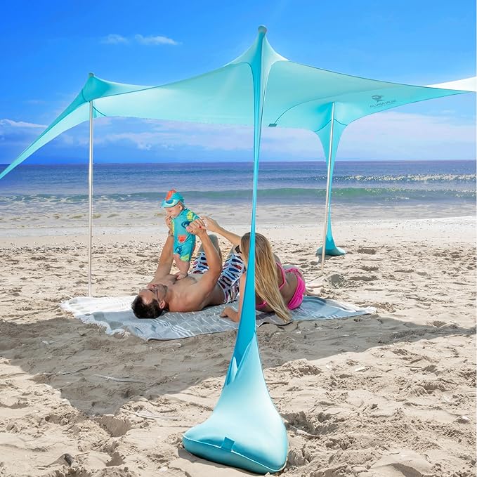 SUN NINJA Beach Tent Sun Shelter UPF50+ - Easy Pop Up Beach Canopy - Outdoor Shade for Camping Trips, Fishing, Backyard Fun Picnics - Sand Shovel, Ground Pegs & Stability Poles