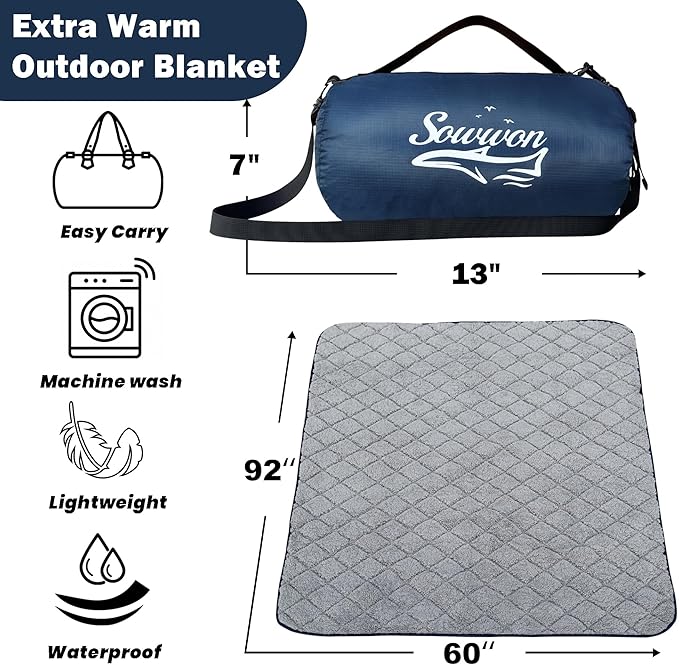 Waterproof Outdoor Blanket 92”X 60” Packable, Stadium Blankets for Camping with Sherpa Fleece Lining, Large Windproof Emergency Throw Mat for Garss Picnic Hiking Road Trip, Machine Washable, Navy