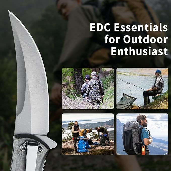 Folding Knife with upswept 440C High Carbon Stainless Steel Blade, Grey Aluminum Handle, with Deep Carry Pocket Clip, Outdoor EDC Knife for Camping, Hiking, Fishing