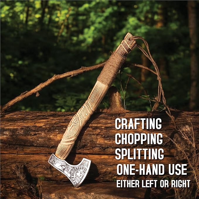 Viking Axe with Gift Viking Knife Also Leather Sheaths, Carbon Steel, Carved Wooden Handle, Bearded Heaven Hatchet for Camping, Throwing, Survival, Splitting, Felling, Chopping, Hiking (Axe - 02)