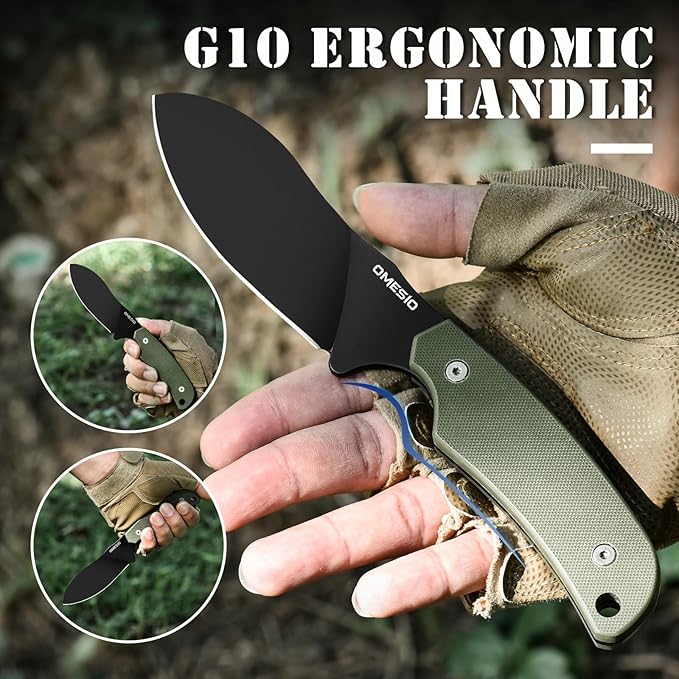 Omesio Nessmuk Hunting Knife Fixed Blade Knife with Kydex Sheath, 8.86??Full Tang D2 Steel Ergonomic G10 Handle Horizontal Carry Camping Outdoor knife, Perfect Gifts for Men