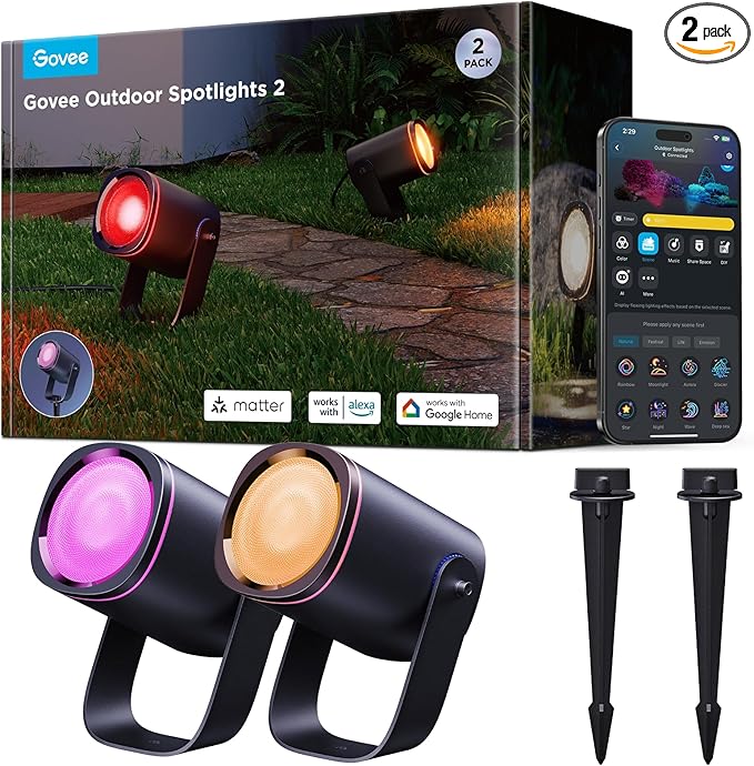 Govee Outdoor Spot Lights 2, IP67 Waterproof Spotlights, Landscape Lights Work with Matter, Alexa, and Google Assistant, RGBWIC Color Changing Light for Outdoor Decor, Patio Decorations, 2 Pack