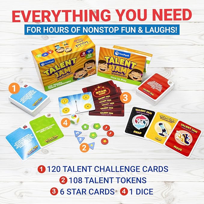 ThinkPsych Talent Jam - Hilarious Talent Show & Charades Game - Fun Family Games for Kids and Adults - Family Game Night for Teens