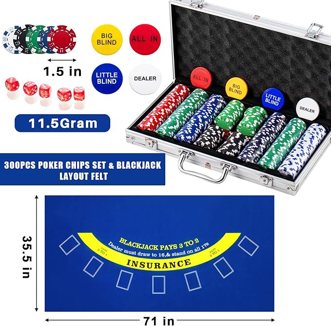 Aoriher Blackjack Casino Game Set, Include 300 Poker Chips, Casino Felt 1 Automatic Card Shuffler 6 Deck Dealer Shoe Discard Holder Tray Aluminum Case for Texas Holdem Blackjack Poker(Blue)