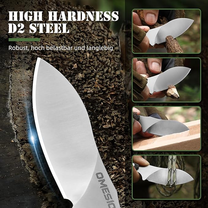 Omesio Neck Knife, 5.82" Fixed Blade Knife with Kydex Sheath and Necklance, Campact Full Tang Tactical Neck Knife with Clip, Nessmuk EDC Small Knife D2 Steel G10 Handle for Outdoor, Survival, Camping