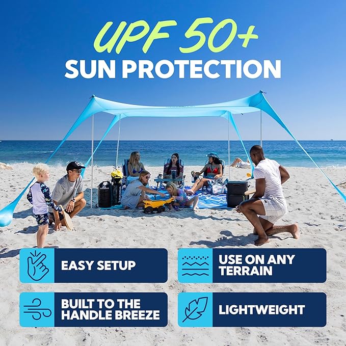 SUN NINJA Beach Tent Sun Shelter UPF50+ - Easy Pop Up Beach Canopy - Outdoor Shade for Camping Trips, Fishing, Backyard Fun Picnics - Sand Shovel, Ground Pegs & Stability Poles