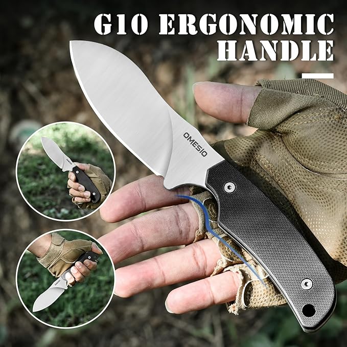 Omesio Nessmuk Hunting Knife Fixed Blade Knife with Sheath, 4.53'' Sharp Full Tang D2 Steel Ergonomic G10 Handle Camping Outdoor Knife with Kydex Sheath