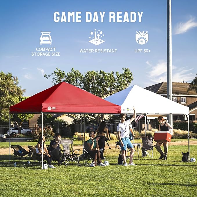 CROWN SHADES 8x8 Pop Up Canopy - Beach Tent with One Push Setup - Easy Outdoor Sun Shade for Events, Parties, Camping - Gazebo with STO-N-Go Cover Bag, Silver Coated Top, Red