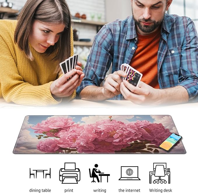 Playmat for MTG,Game Mat 27.5 x 15.74inches, Non Slip Rubber Backing TCG and Board Game Mat for Cards,Mousepad Desk Mats-Pink Peonies