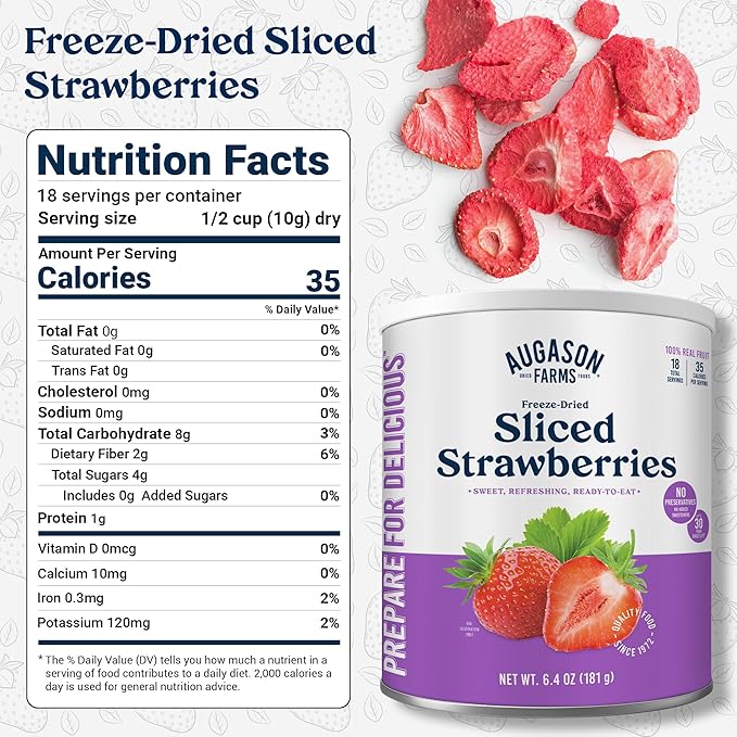 Augason Farms Freeze Dried Sliced Strawberries Can - Gluten Free Snack for Baking, Smoothies, and Emergency Storage - Healthy Individual Fruit Snacks ??6.5 Ounces (18 Servings)