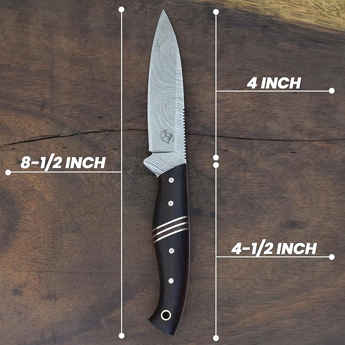 Knives Ranch Premium Hunting Knife - Handmade - 3/16" Full Tang Damascus Blade - Excellent Edge Retention - Rosewood Handle - Heavy-Duty Leather Sheath (3197-IRW)