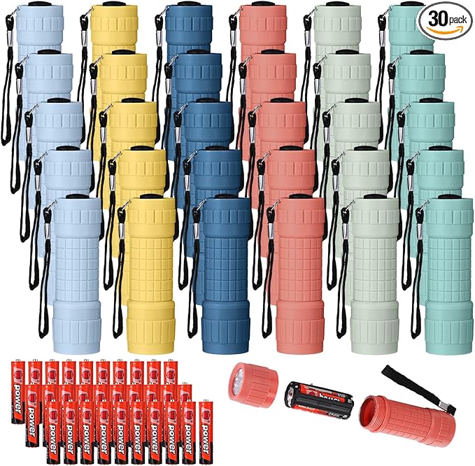 30 Pack 9 LED Small Mini Flashlight Set Plastic Handheld Flashlights with Lanyard, 3 AAA Batteries Included for Kids Night Reading Camping Emergency Hunting, 6 Color (Muted Color)