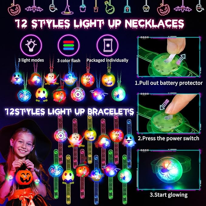 118 PCS Halloween Party Favors Bulk, 80 Rings, 14 Brooches, 12 Necklaces, 12 Bracelets,Halloween Toys for Kids, Glow in the Dark Toys, Bulk Halloween Goodie Bag Fillers, Halloween Party Supplies