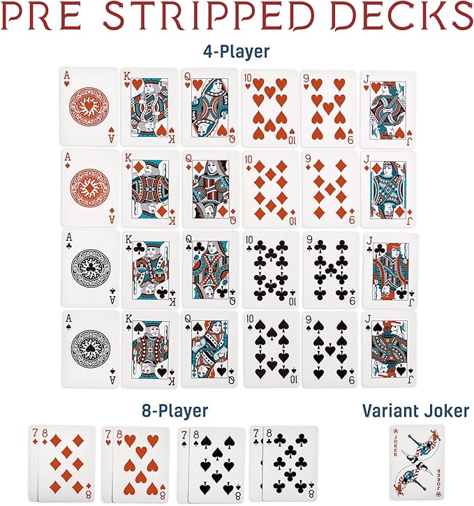 Brybelly Euchre Card Game - 2 Specialty Decks Pre-Stripped for Classic American Euchre or 6-Player Variant - Custom Bower Jacks & Blank Counter Cards Included
