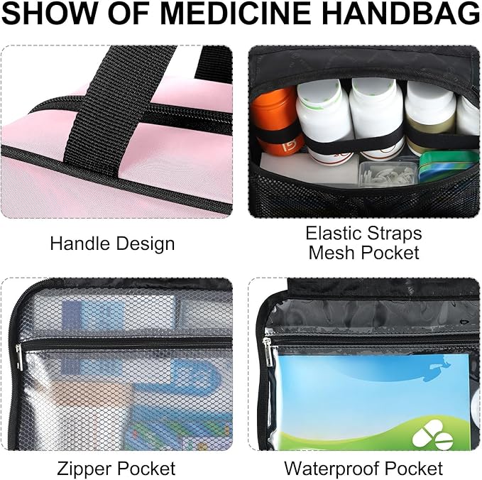 Fustylead Cute Cartoon Pink Unicorn Large Medicine Bag Travel Pill Bottle Organizer with Zipper, Empty First Aid Bag for Camping Hiking Outdoors