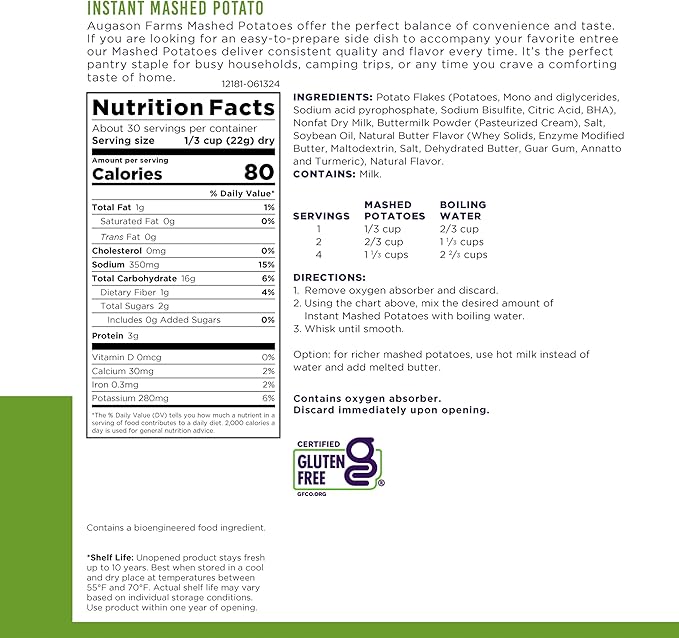 Augason Farms Instant Mashed Potatoes Can, Emergency Food Supply, Everyday Meals, 30 Servings