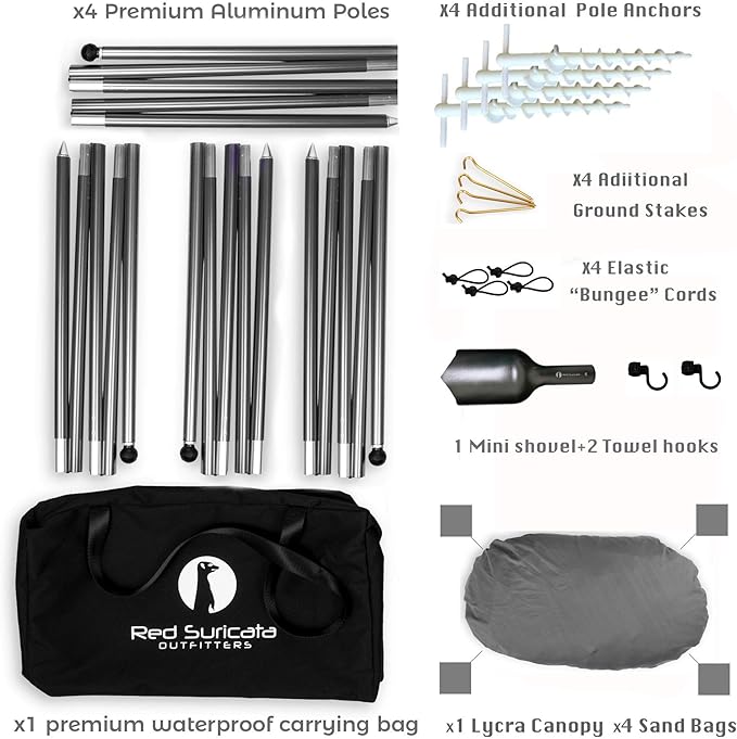 Red Suricata Family Beach Parasol - Sun Shade Canopy | UPF 50 UV Protection | Tent with 4 Aluminium Poles, 4 Pole Anchors, 4 Sandbag Anchors | Large & Portable Shelter Tarp