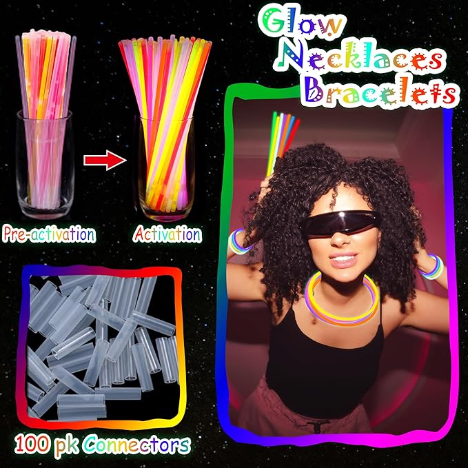 ILHSTY 100 pk Glow Sticks Bulk Party Favors and Decorations - 8" Glow in the Dark Party Supplies For Halloween Neon Party Light up Glow sticks Necklaces & Bracelets (Multicolor*100)