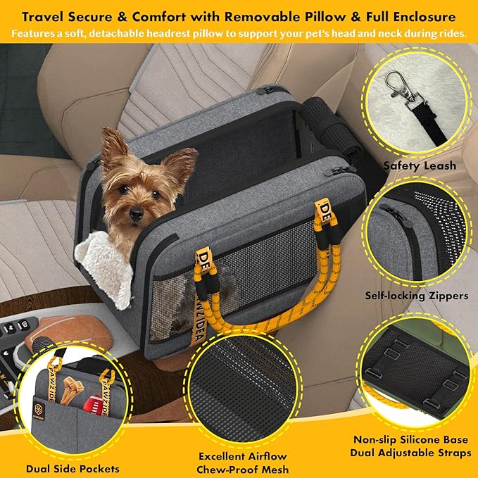 PAWZIDEA Center Console Dog Car Seat, Enclosed Secure Armrest Booster Seat for Small Dogs & Cats up 12lbs, Soft-Sided Travel Pet Carrier Safety Straps, Removable Pillow, Storage Pocket, Shoulder Strap