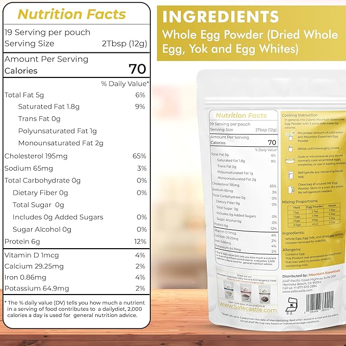 MOUNTAIN ESSENTIALS Whole Egg Crystals Pasteurized Dried Egg Powder 8 Oz Pure Natural Nutrient-Rich Whole Egg Powder For Baking, Cooking, Camping, Quick Meal Preparation Shelf Stable Food Pack of 1