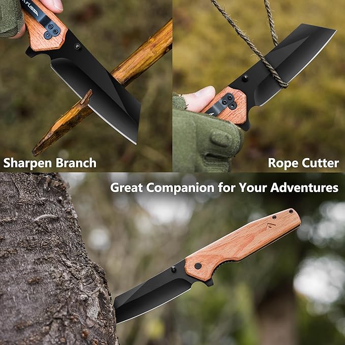 FLISSA Folding Knife, 4-3/4" Reverse Tanto Folding Pocket Knife, Black Stonewash Blade, Wood Handle, for Hunting, Survival, Camping and Outdoor Activities, Great Gifts for Dad, Husband, Friend