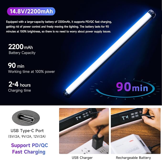 VILTROX K60 2 Pack Large Handheld Stick Light, 32Wh Rechargeable Battery 20W 1950lm RGB LED Video Light w PD Fast Charging CRI 97+ 2500K-8500K LCD Display, 22.8" Tube Light for Photography Light Wand