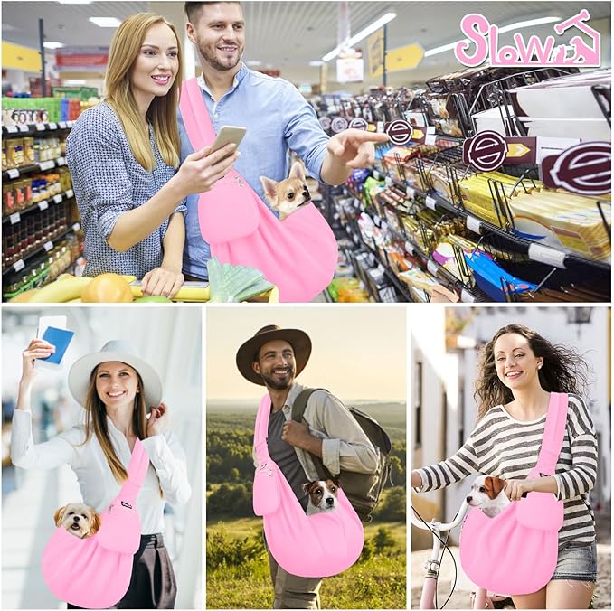 SlowTon Dog Carrier Sling - Thick Padded Shoulder Strap Adjustable Dog Carriers for Small Dogs, Puppy Carrier Purse for Pet Cat with Front Zipper Pocket Safety Belt Machine Washable (Baby Pink, M)