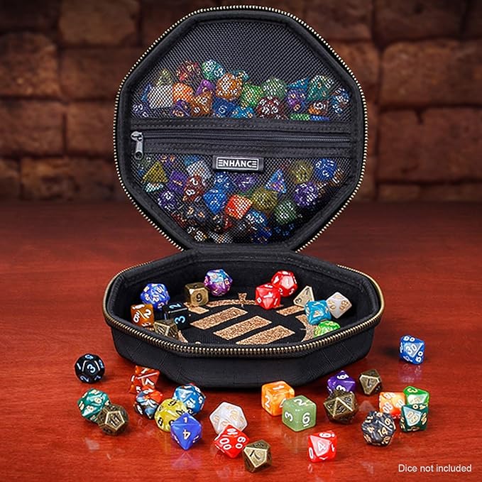 ENHANCE DND Dice Tray and Case - DND Dice Holder for up to 150 D&D Dice with Rugged Hard Shell Exterior and Protective Soft Interior - Rolling Tray Perfect for Game Night (Black)