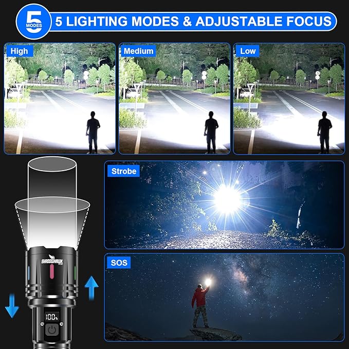 Shadowhawk Flashlights High Lumens Rechargeable - 2000 Lumen 30W Super Bright LED Flash Light with LCD Display, 3937ft Beam & 12H Runtime, Handheld Waterproof Flashlight for Home, Camping, Emergency