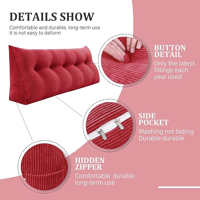 14 lbs Thickened Wedge Pillow Headboard Body Positioner Triangular Reading Pillow Bed Bolster Pillow for Sitting in Bedwith Removable Cover Gift for Dad Backrest Cordury Red Queen