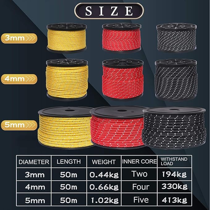 HIKEMAN 50m Reflective Guyline Solid Braid Nylon Camping Rope with Aluminum Adjuster Cord Tensioner Tent Accessory for Outdoor Travel,Hiking,Backpacking and Water Activities (Yellow, 3mm)