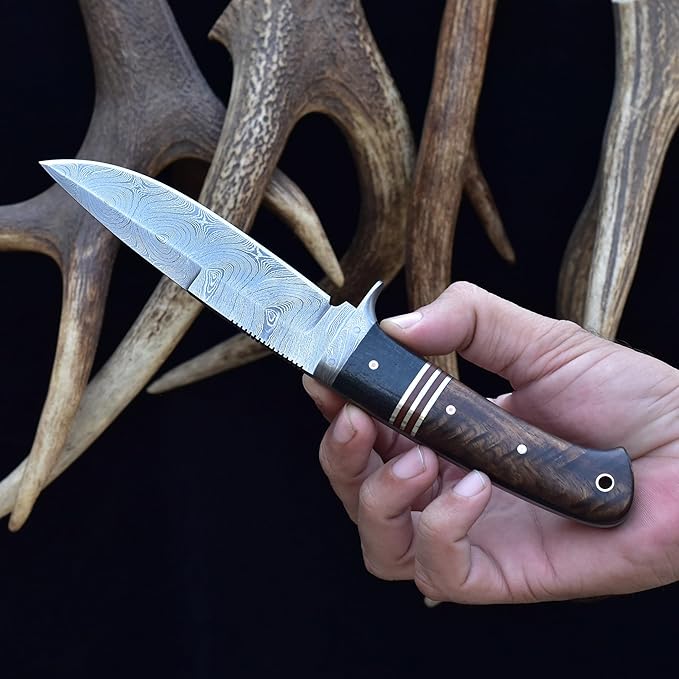 Knives Ranch Handmade 9-3/4" Hunting Knife - Full Tang Construction - Excellent Edge Retention - Rosewood Handle - Genuine Leather Sheath (3052-IRW)