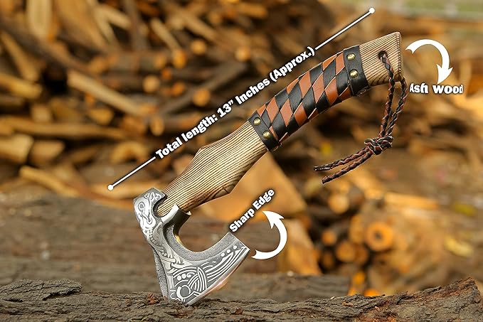 13??Inch Valhalla Axe ??Carbon Steel Viking Axe Head with Engraved Handle, Hatchet Axe with Genuine Leather Sheath and Wrap, Camping Axe, Throwing Axe -Viking Gift for Men
