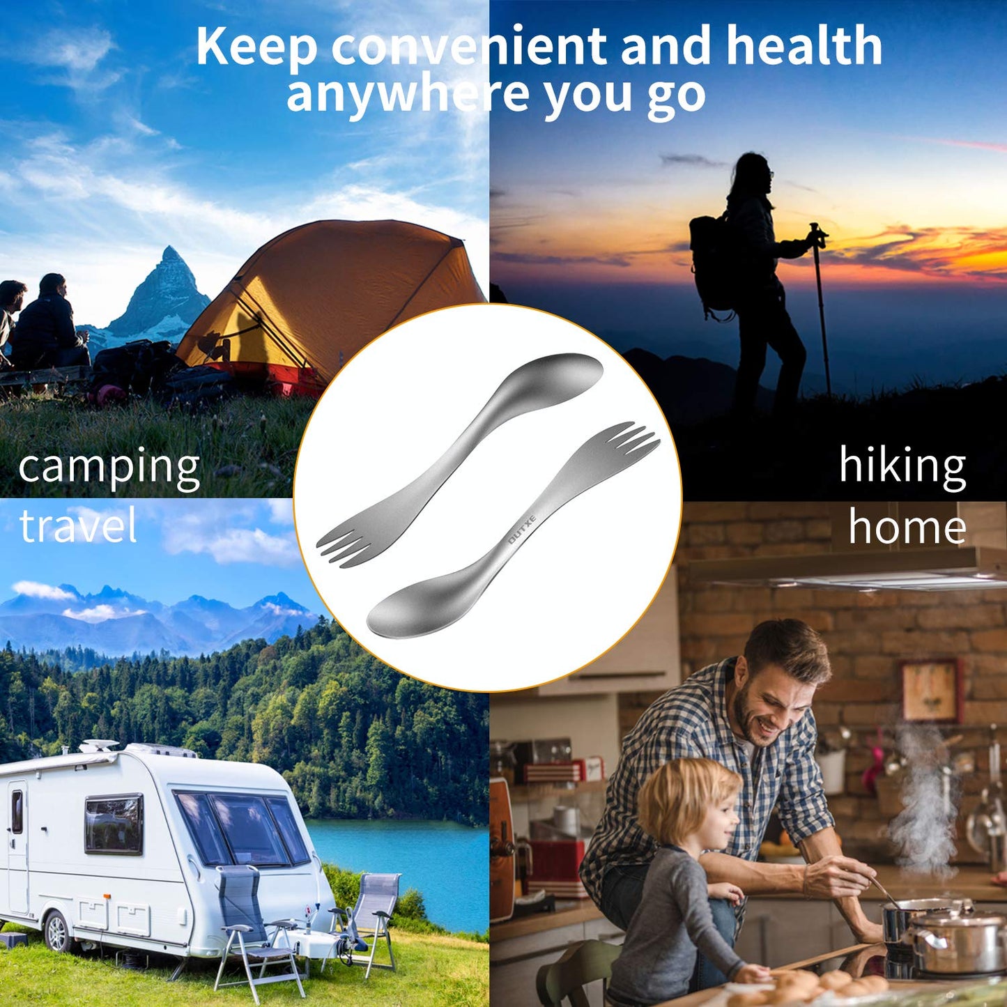 OUTXE Titanium 2 in 1 Fork and Spoon Combo 2-Pack Ultra Lightweight Camping Utensil, Eco-Friendly