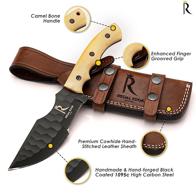 Fixed Blade Knife ??10??Handmade Tracker Hunting Knife with Camel Bone Handle & Leather Sheath, Full Tang 1095C High Carbon Steel Survival Knives for Camping, Hunting & Outdoor Use