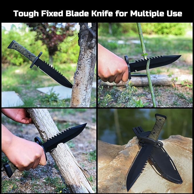 15" Fixed Blade Tactical Knives with Sheath, Stainless Steel Survival Hunting Bushcraft Full Tang Non-Slip Handle Knife with Serrated Blade Back for Camping Adventure EDC