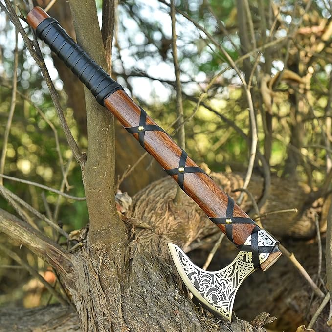 Viking Axe Ragnar Lothbrook Hunting Axes Rosewood Handle - High Carbon Steel Blade Sharp EDG Wood Working Hand Tool - Tomahawk Bearded Axes - Forged Outdoor Camping Tools Axe with Leather Cover