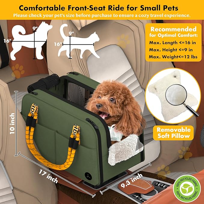PAWZIDEA Center Console Dog Car Seat, Enclosed Secure Armrest Booster Seat for Small Dogs & Cats up 12lbs, Soft-Sided Travel Pet Carrier Safety Straps, Removable Pillow, Storage Pocket, Shoulder Strap