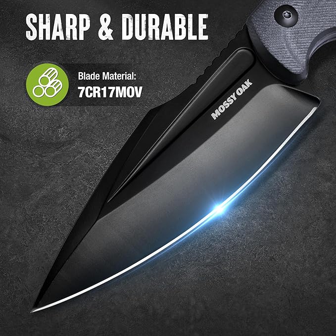 MOSSY OAK Hunting Knife with Sheath, 8.5-inch Full-tang Fixed Blade Knife, Outdoor Knives for Survival, Camping, Hiking (G10 Handle-Dark Grey)