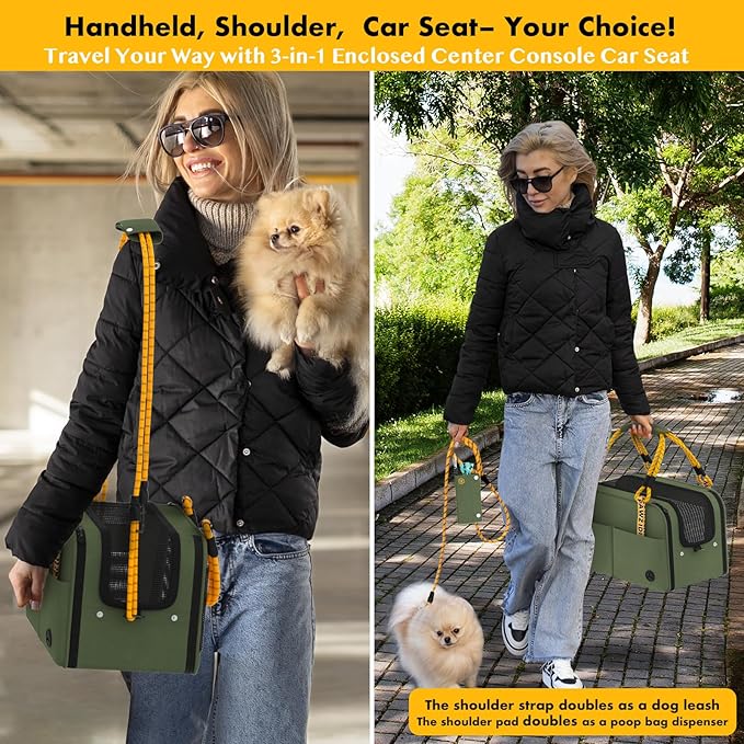 PAWZIDEA Center Console Dog Car Seat, Enclosed Secure Armrest Booster Seat for Small Dogs & Cats up 12lbs, Soft-Sided Travel Pet Carrier Safety Straps, Removable Pillow, Storage Pocket, Shoulder Strap