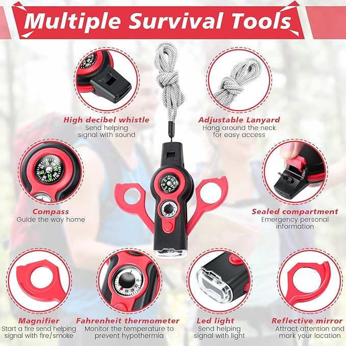 12 Pack Emergency Survival Function Whistle 7-in-1 Compass Hiking Survival Safety Whistle with Lanyard Outdoor Multifunctional Tool Ideal for Hiking Camping Rescue Signaling