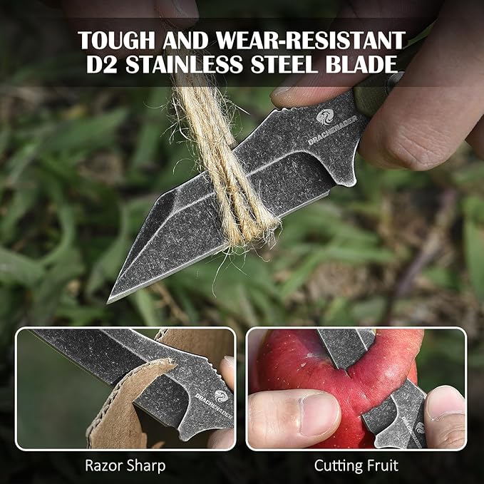 X-WH 5.78" Neck Knife with Kydex Sheath, D2 Steel Stonewashed Wharncliffe Blade with G10 Handle, Fixed Blade Knife for Men