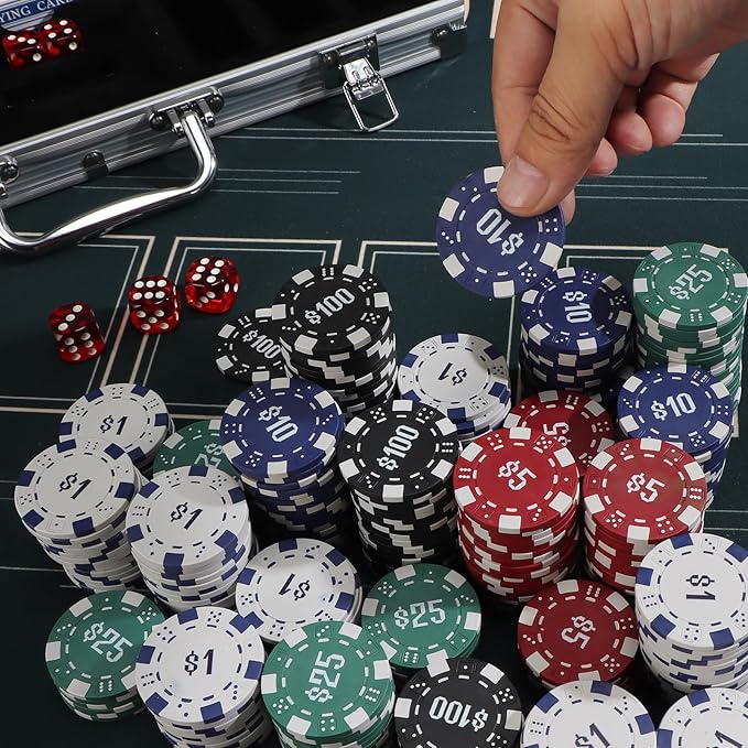 300Pcs Numbered Poker Chips Set for Texas Holdem,Blackjack, Tournaments with Aluminum Case,2 Decks of Cards, Dealer, Small Blind, Big Blind Buttons and 5 Dice,11.5 Gram