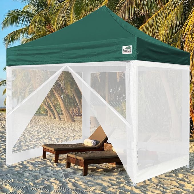 Eurmax USA 10'x10' Pop-up Canopy Tent Commercial Instant Canopies with 4 Removable Zipper End Screen Wall kit and Roller Bag, Bonus 4 SandBags(Forest Green)
