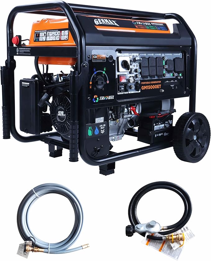 GENMAX 15000W Tri-Fuel Portable Generator - 2025 Model with ATS, CO Sensor, Digital Display & 50A Output Perfect for Home Backup, Construction Sites & Emergency Power (GM15000ET)