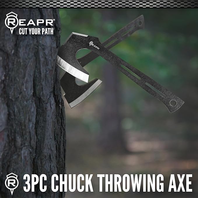 Reapr CHUK 3-Piece Throwing Axe Set ??11" Full-Tang Tactical Tomahawks with Dual-Edge Blades, Stonewashed Finish, Nylon Sheath with MOLLE ??Outdoor Recreation, Camping, Target Practice, Gifting