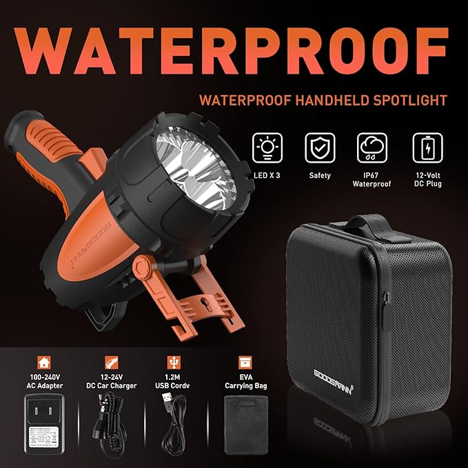 GOODSMANN Rechargeable Spotlight IP67 Waterproof Marine Spotlights up to 4500 Lumen Handheld Light LED Searchlight with EVA Storage Carrying Case and USB Charger for Hiking, Boating, Hunting, Camping