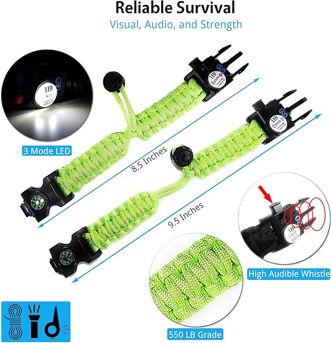 Survival Paracord Bracelet - Tactical Emergency Gear Kit with SOS LED Light, 550 Grade, Adjustable, Multitools, Fire Starter, Compass, and Whistle - Set of 2