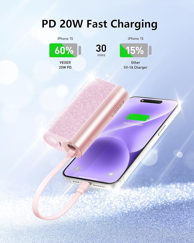 VEGER Compact Portable Charger with Built in Cable(Removable), 10000mAh Cute Power Bank 20W Fast Charging, Sparkling Battery Pack Fashion Travel Accessory Compatible with iPhone 15/14, Android-Pink