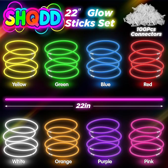 100Pcs Glow Sticks - 22 inch Glow In the Dark Sticks Party Supplies, Halloween Glow Party Pack for Kids with 9 Hours Duration, Halloween Party Favor Glow Necklace & Bracelet with 100Pcs Connectors